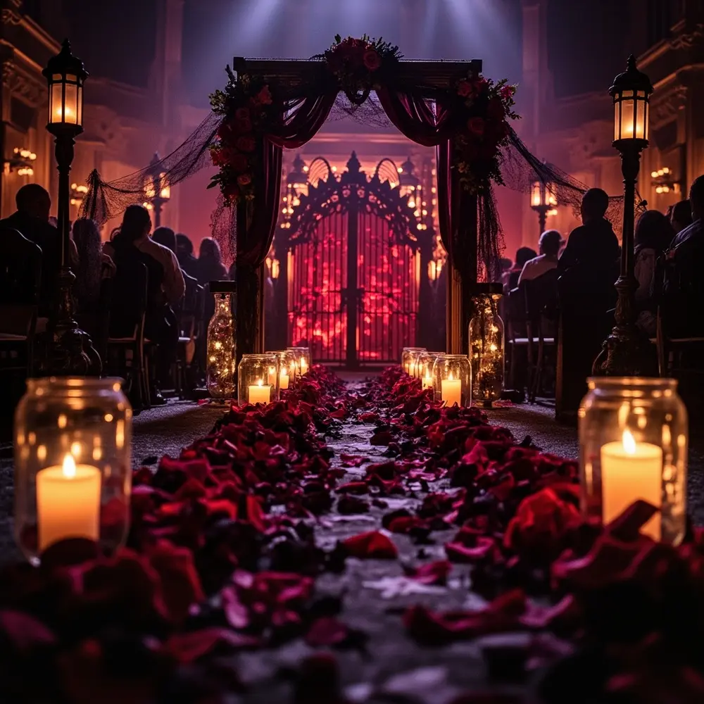 40+ Must-See Halloween Wedding Decorations Ideas for 2025 4 Strong led flickering intertwined drape black burgundy dark with like a metal or lace draping and deep candles flowers dramatic faux velvet cobwebs hued li archway wooden fabric
