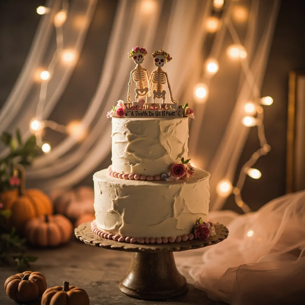 21 Cute Spooky Wedding Ideas That Are More Sweet Than Scary 4 Instruction hands heart perhaps with a skeleton p wedding or stylized cake ghost cute topper details image placement couple holding 4