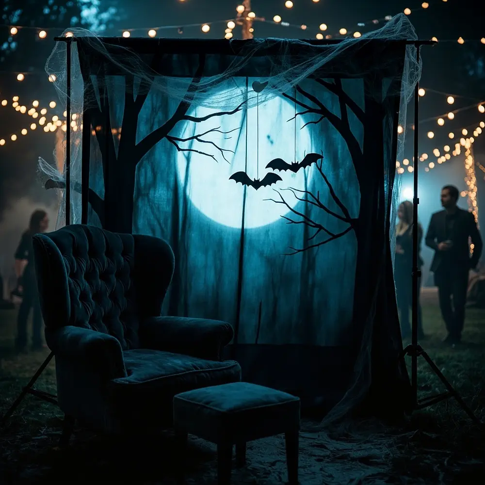 15 Jaw-Dropping DIY Halloween Wedding Ideas That Won't Break the Bank 5 White booth black with g e made backdrop a p draped and elements bare bats image faux cobwebs from plastic trees hanging ghosts 5 fabric photo painted