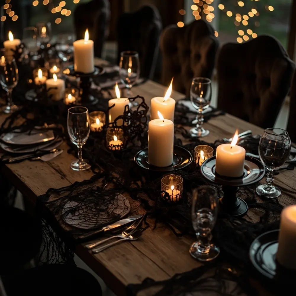 12 Easy Homemade Halloween Wedding Centerpiece Ideas That Look So Chic 5 Lace candles h2 runners 5 spiderweb with