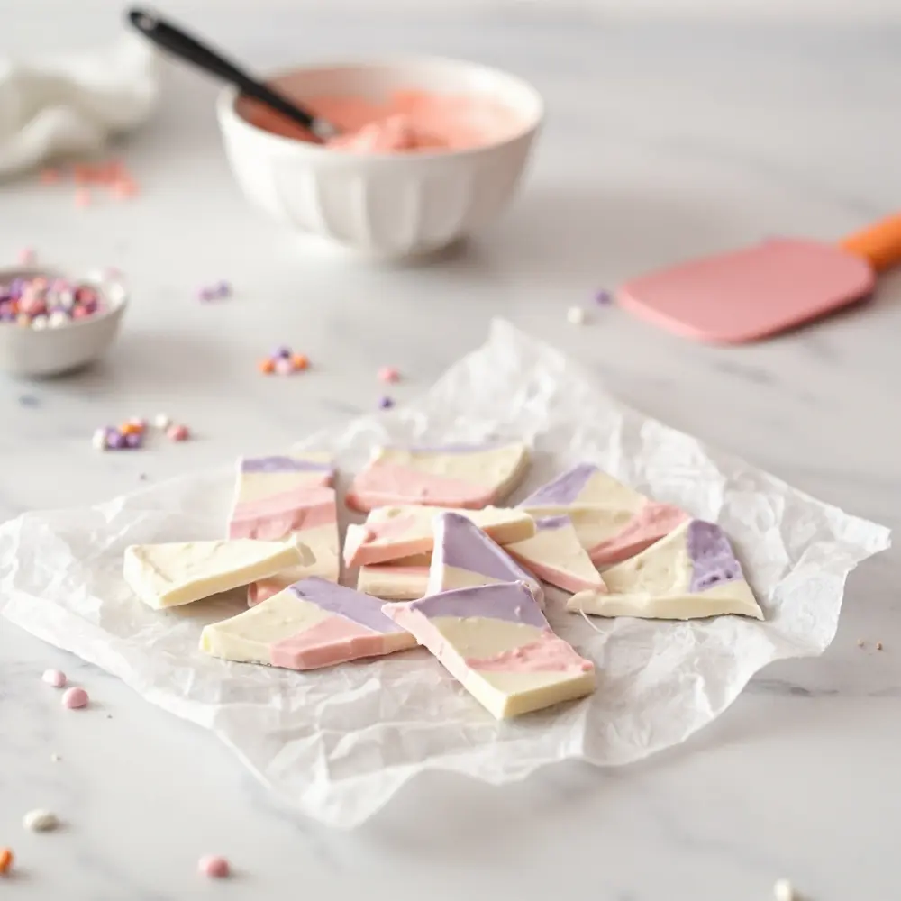 10 Pinkoween Treats for a Trendy Halloween Party 5 White instruction corn purple layers showing broken a up of p distinct the and close candy image bark placement pink pieces pastel 5