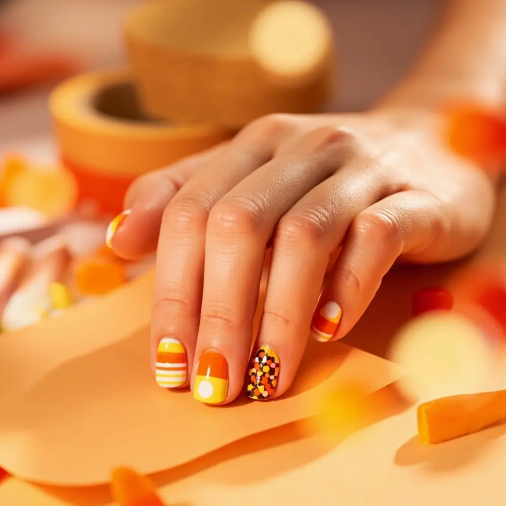 19 Insanely Cute Halloween Nail Designs Kids & Moms Will Adore (Kawaii, Pastel & Retro Fun!) 5 Cute dots stripes corn h2 candy 5 038 classic