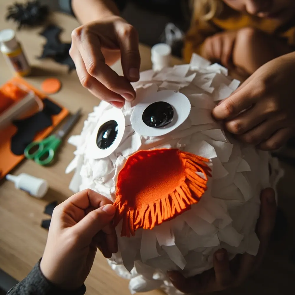 DIY Recycled Monster & Ghost Piñatas: A Spooktacular Step-by-Step Guide 5 Eyes life instruction hands felt features black showing ata a attaching up mouth of googly p or the ghost monster and close details image placement 5 coming to pi