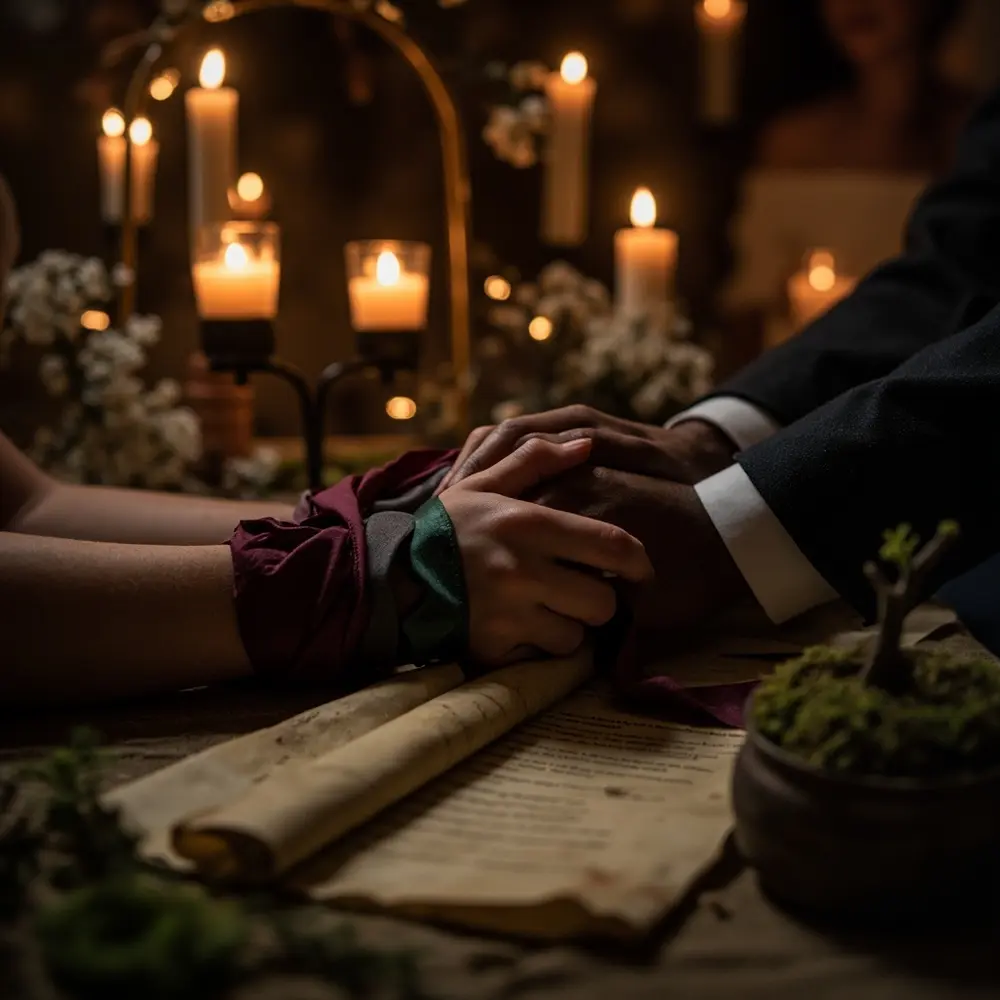 A Dark Fantasy Wedding: Magical Ideas for an Enchanted Celebration 5 Vows hands handfasting engaged dark with setting a up of p or close in image dramatic atmospheric ceremony exchanging couple rich 5 ribbons
