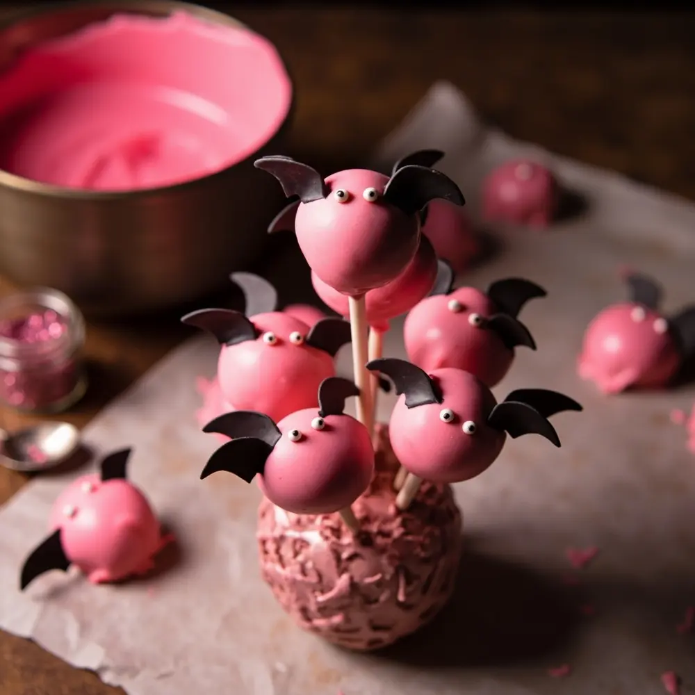 15 Enchanting Pinkoween Desserts for a Pastel Halloween Party 5 White eyes instruction black wings with bat a of upright p small cake and in pops image cluster placement holder pink decorative edible 5 standing