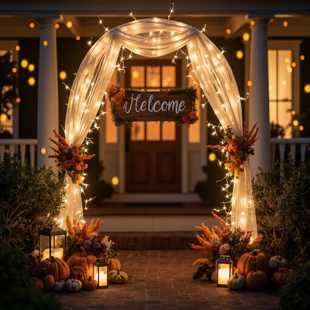 How to Create a Whimsical Halloween Wedding Entryway Your Guests Will Love 5 Arrangement full entryway florals wider lights a showcasing of p the shot em sign and pumpkins image for completed ready guests 5 fabric