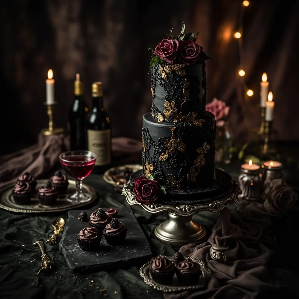 Elegant Gothic Wedding on a Budget: Stunning Ideas for a Dream Celebration 5 Instruction black dark display with intricate berry g e a of p wedding or cake cocktail signature and cupcakes themed desserts details image velvet placement tarts 5 gothic elegant