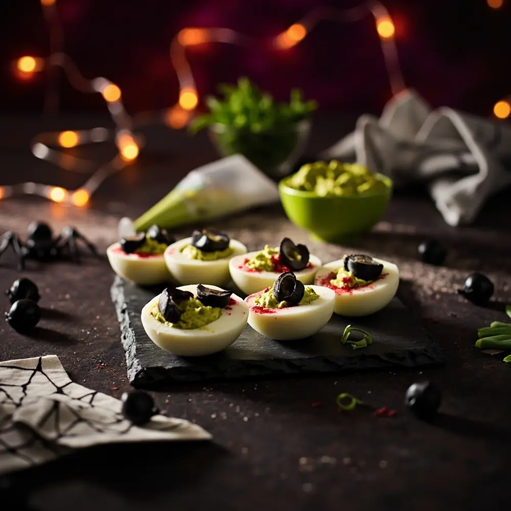 15 Spooktacular & Family-Friendly Halloween Birthday Appetizers (Quick & Allergy-Aware!) 5 For eye slices and a olive deviled eggs food effect 5 p bloodshot red coloring with image