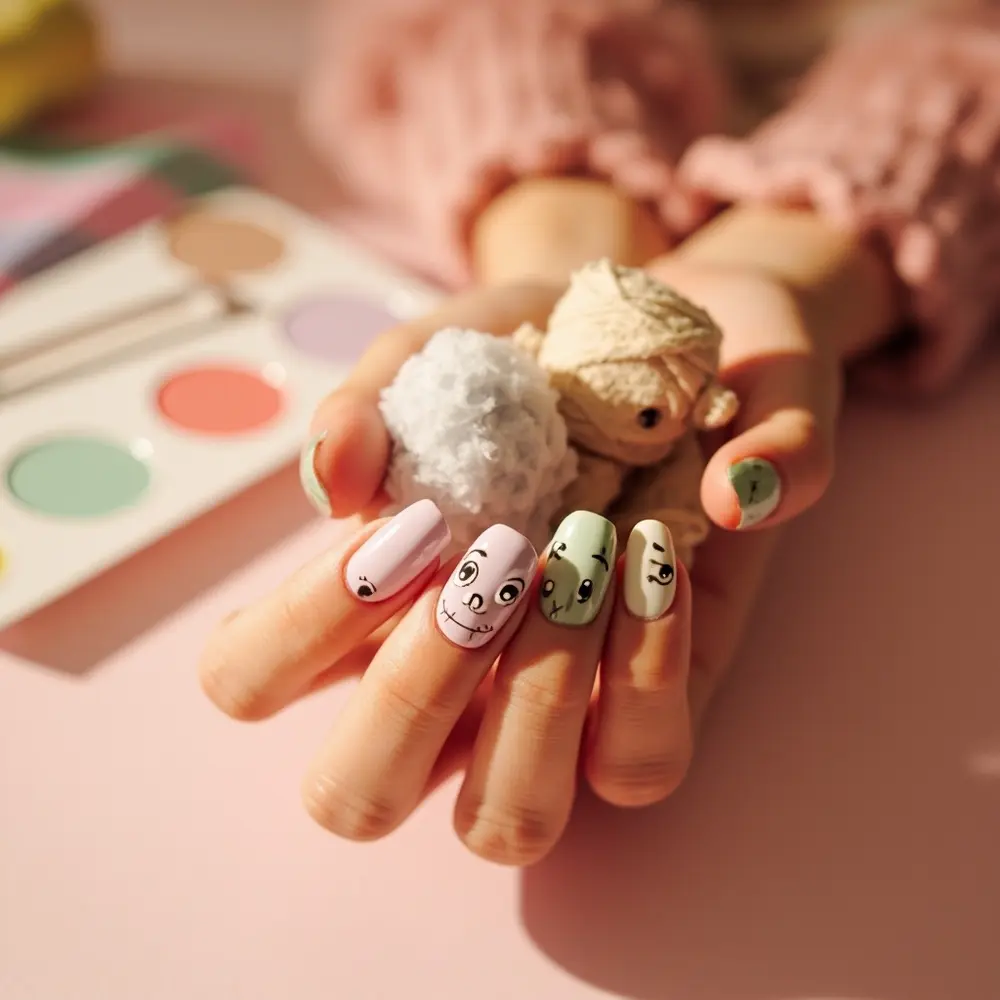 17 Girly Halloween Nail Designs That Are More Sweet Than Spooky 5 Frankenstein instruction features purple different muted e g a face each p mummy cute monster nail green image vampire placement pink pastel 5