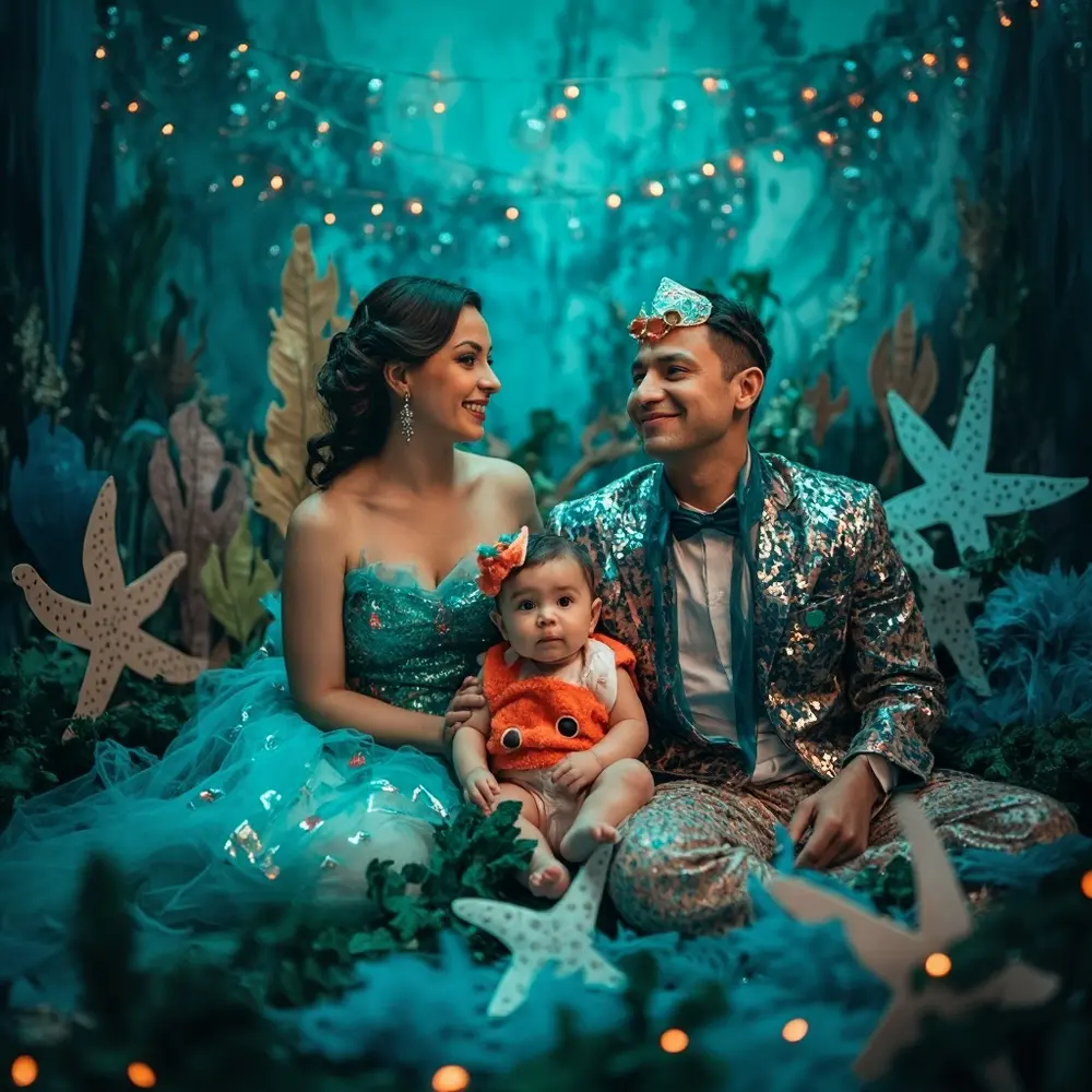 12 Spooktacular Matching Family Costume Ideas for a Halloween Birthday Bash 5 Instruction dressed by merman baby family fabrics a p or and fish as green image placement blue crab 5 mermaid surrounded