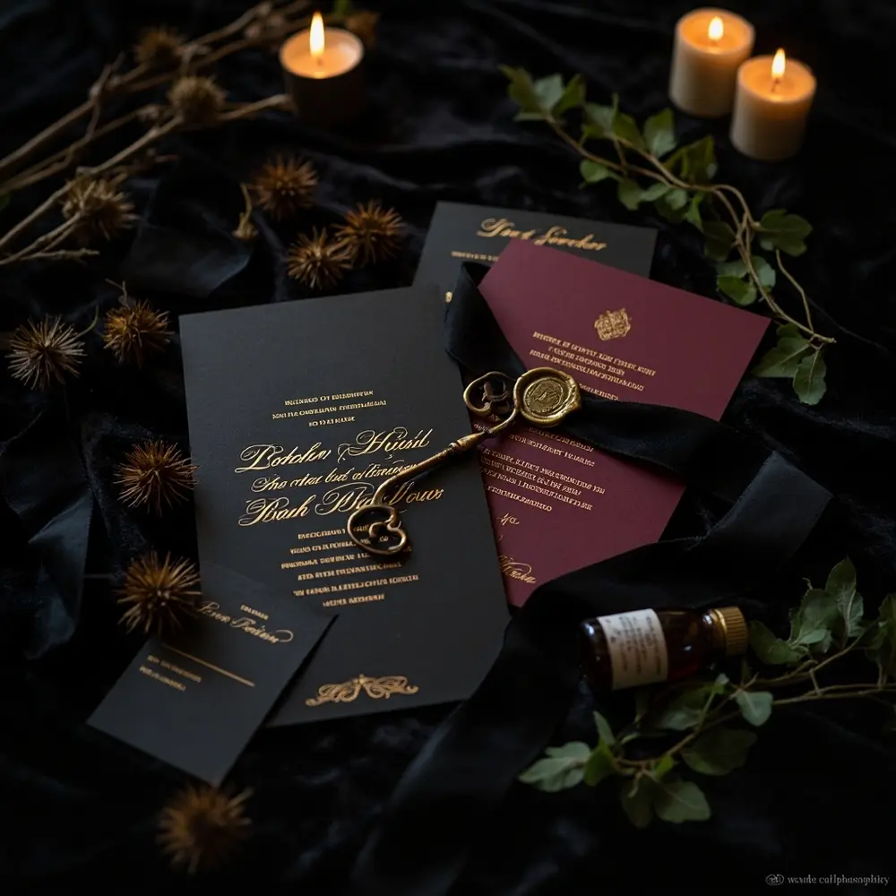 The Ultimate Romantic Goth Wedding Guide: Inspo & Ideas You'll Love 5 Favor goth flat instruction lettering lay foil dark with romantic invitation a alongside of p small wedding suite gold ribbon and an themed seal stationery image paper velvet placement wax 5