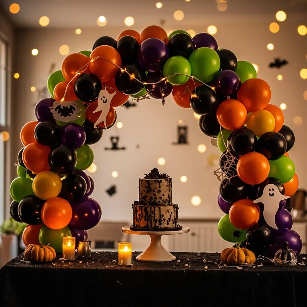 DIY Spooky Halloween Balloon Arch Tutorial: A Ghoulishly Good Party Backdrop 5 Assembled fully step arch on a backdrop p or the stand em wall mounted image for next ready spooky balloon 5