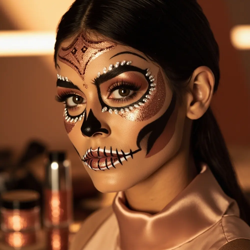 12 Sweet & Spooky Pastel Skeleton & Sugar Skull Makeup Ideas 5 Instruction with a model sugar p skull small or subtle glitter gold possibly image placement makeup gems rose 5 glamorous