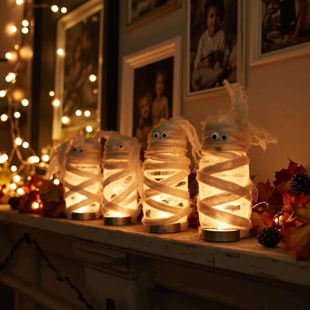 25+ Budget-Friendly Halloween Decor Ideas Your Family Will Love (Dollar Store & DIY!) 5 Jar mason h2 5 votives mummy