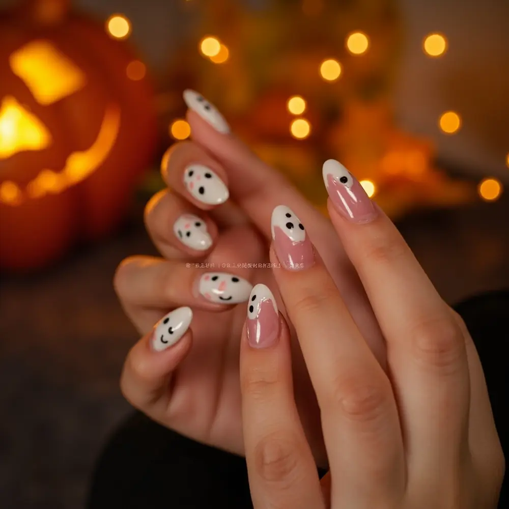 5-Minute Manicure: The Easiest DIY Ghost Nail Art Tutorial for Beginners 5 Finished hand instruction design with looking shiny coat p ghost all and image placement completed top 5 nails