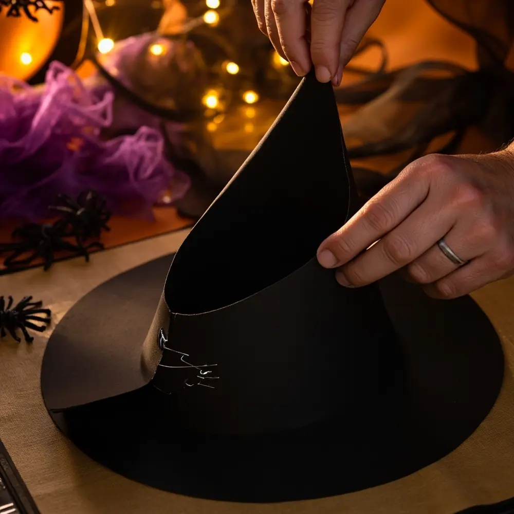 Spooktacular DIY: Frankenstein & Witch Birthday Hats Tutorial 5 Showing em hands of witch brim cone 5 attachment process p gluing to hat image the