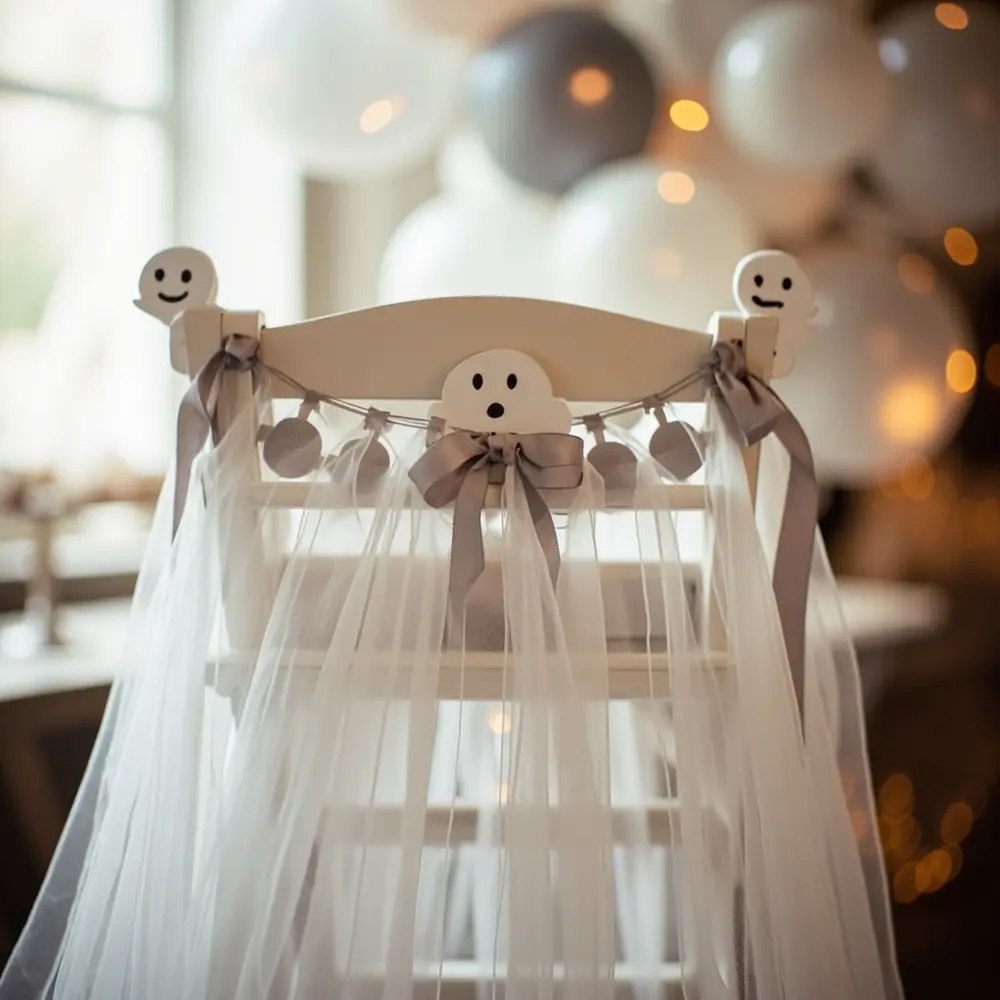 How to Throw a Magical 'Two Spooky' First Birthday: Decor, Cake & Photo Spots 5 White faces felt birthday with smiling baby a decorated p small the ghost ribbon silver and beautifully high chair image for ready 5 tulle