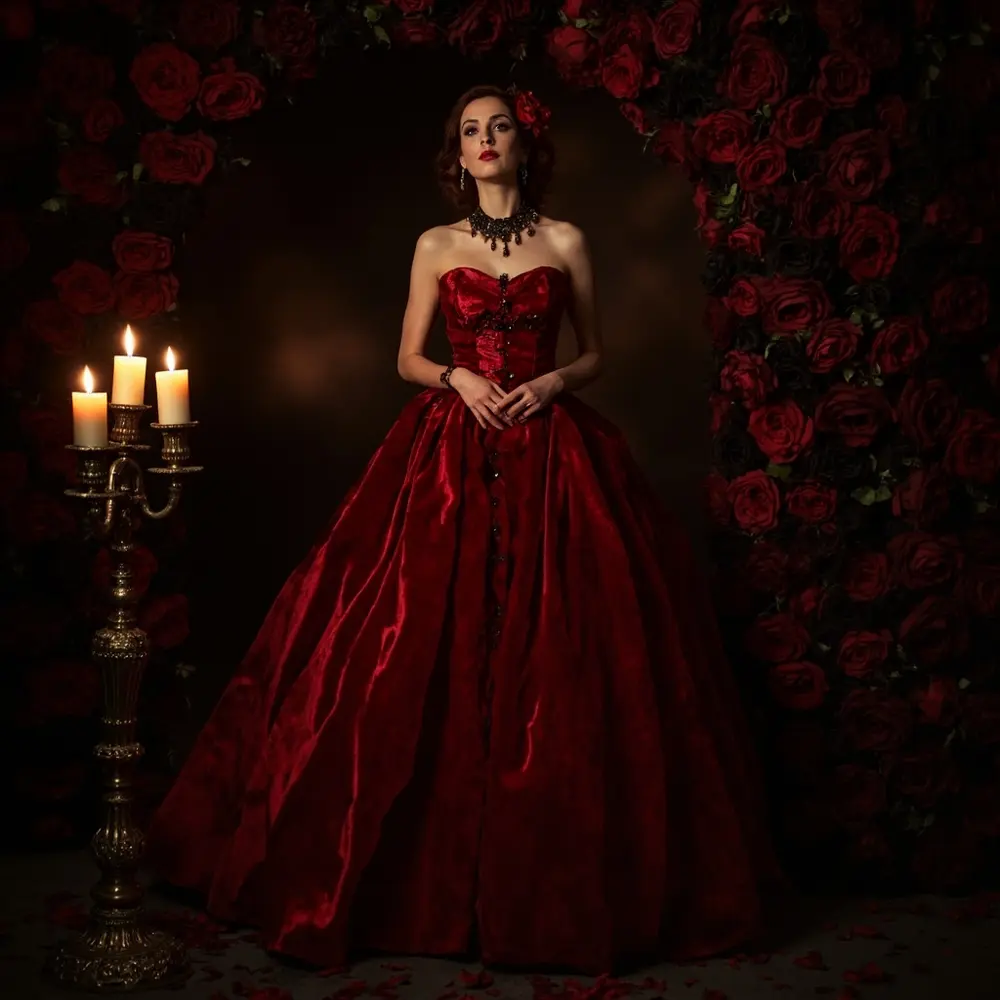 17 Stunning Halloween Wedding Dresses: Black, Red, & Gothic Gowns for a Spooky Chic Celebration 5 Instruction floral perhaps romantic with backdrop a model p stunning or deep in image placement 5 ballgown red
