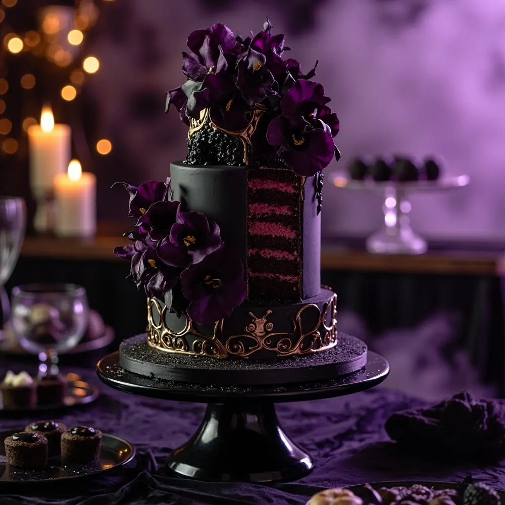 Design black purple with adorned a sugar p stunning wedding cake gold and deep accents flowers image dramatic leaf 5 elegant