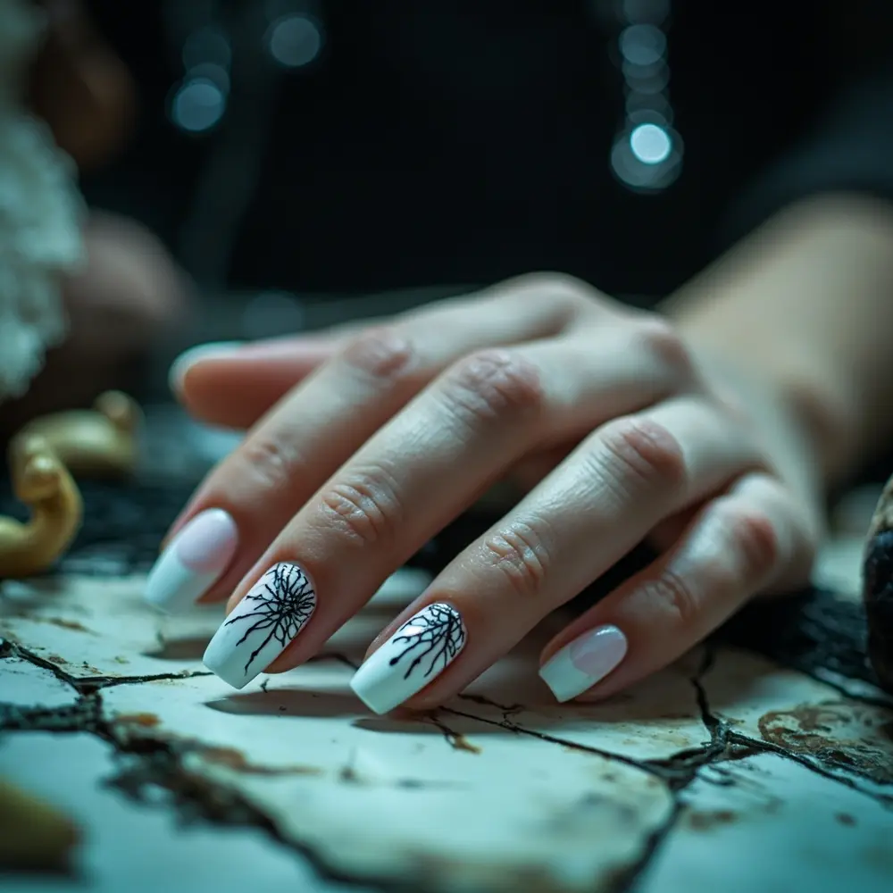 18 Genuinely Spooky & Scary Halloween Nail Ideas for 2025 5 White across them instruction blush black delicate with perhaps matte like a nude cracks p or subtle spiderweb pale image running tint placement 5 nails painted