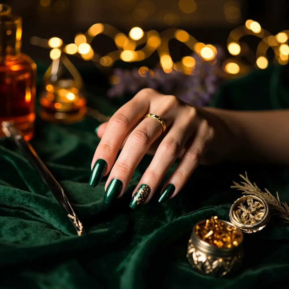 15 Classy Halloween Nail Ideas for a Sophisticated Manicure 5 Gold accents h2 5 foil emerald green with