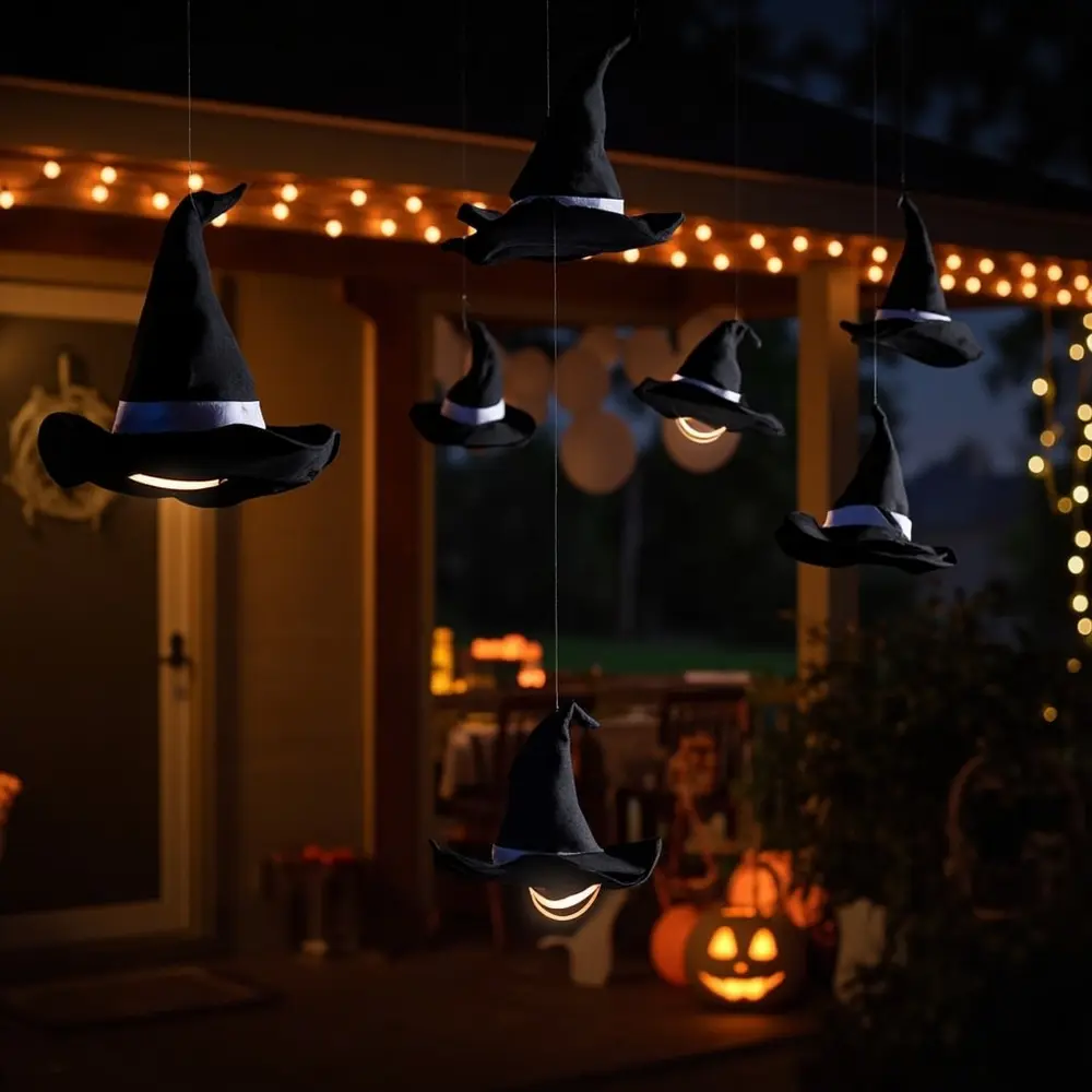15 Spooktacular & Budget-Friendly Halloween Birthday Decorations (Thrifty Hacks for a Frightfully Fun Party!) 5 Instruction several black witch creating glow with a floating p subtle heights varying some hats at illusion image suspended placement 5