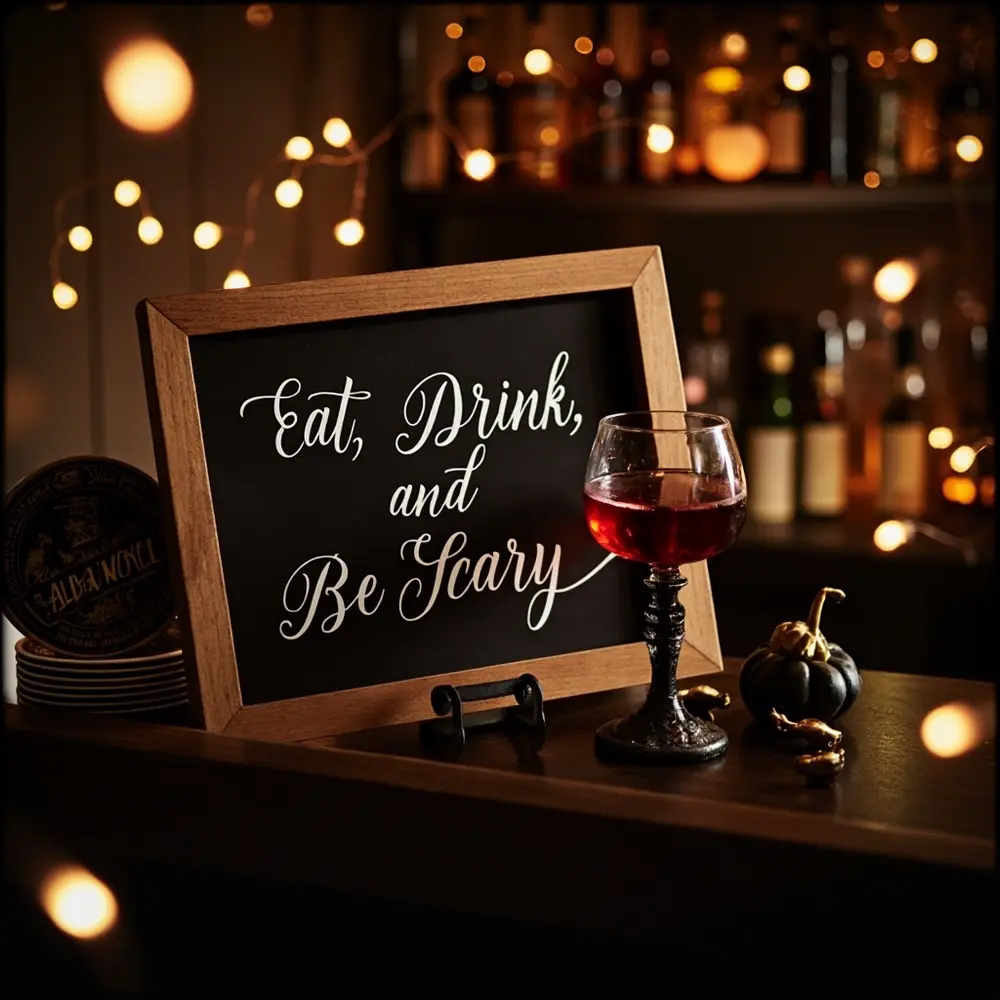 13 Elegant & Eerie 'Til Death Do Us Part' Decor Ideas for a Unique Wedding 5 Scary bar drink be 8220 and 8221 signage h2 coasters 5 038 eat