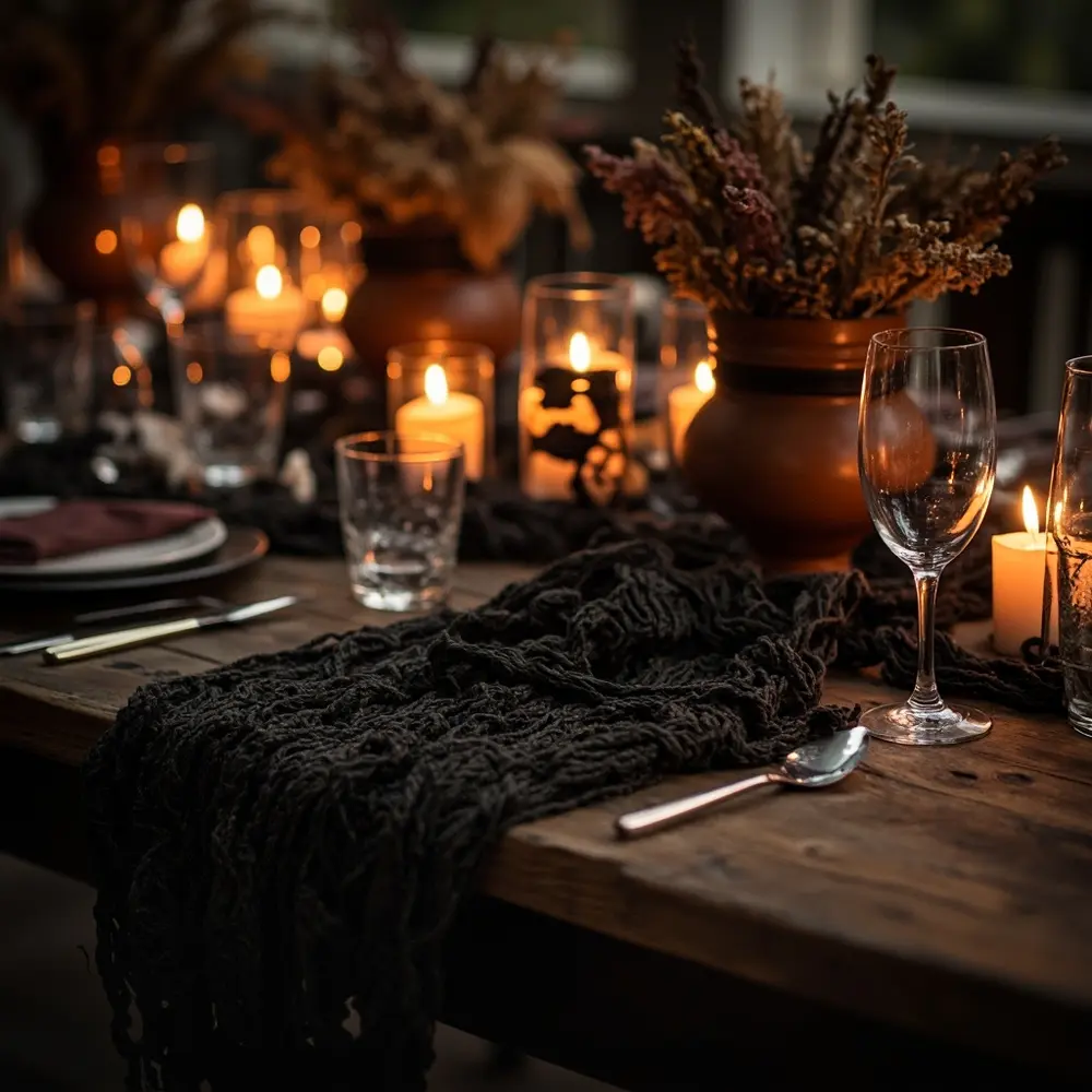 15 Boho Halloween Wedding Ideas for a Free-Spirited Spooky Vibe 5 Velvet h2 runners 5 038 macrame table