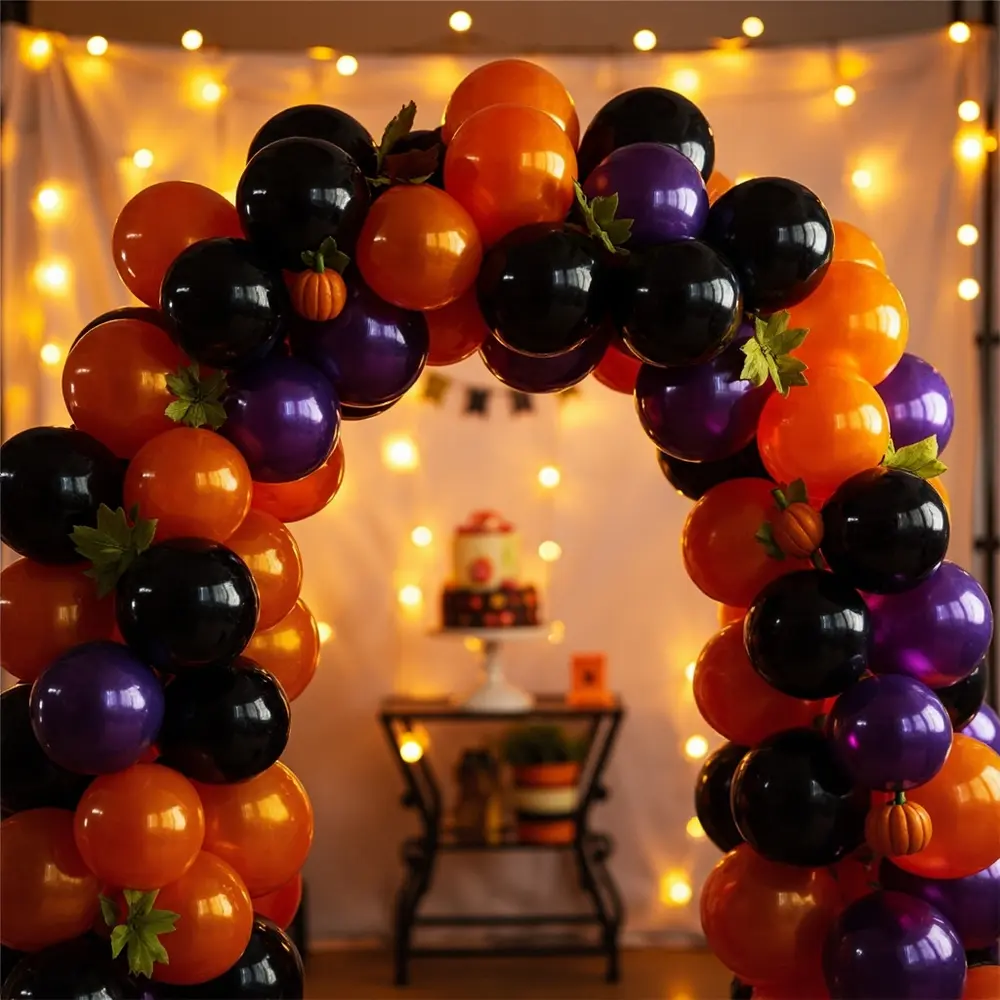 Create a Spooktacular DIY Halloween Birthday Photo Booth Corner: Easy Backdrops & Printable Props 5 Vibrant black purple orange with arch a balloons p small and accents some tucked in image faux leaf pumpkin balloon 5