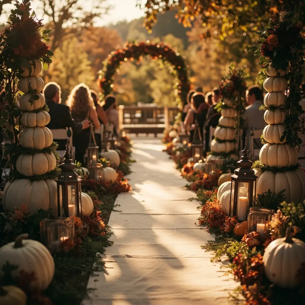 Gorgeous Fall Wedding Ideas: Elegant Pumpkin Decor Beyond the Carve 5 Arrangement white instruction fall leaves with leading a of decorated p wedding aisle glass cream and an candles pumpkins in beautifully altar image pillar lined placement lanterns 5 to elegant