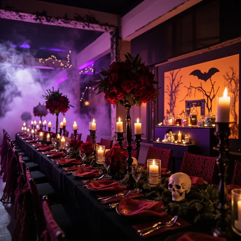 40+ Must-See Halloween Wedding Decorations Ideas for 2025 5 Hall wide a lighting showcasing of p wedding shot and themed reception overall image tablescapes halloween atmosphere 5