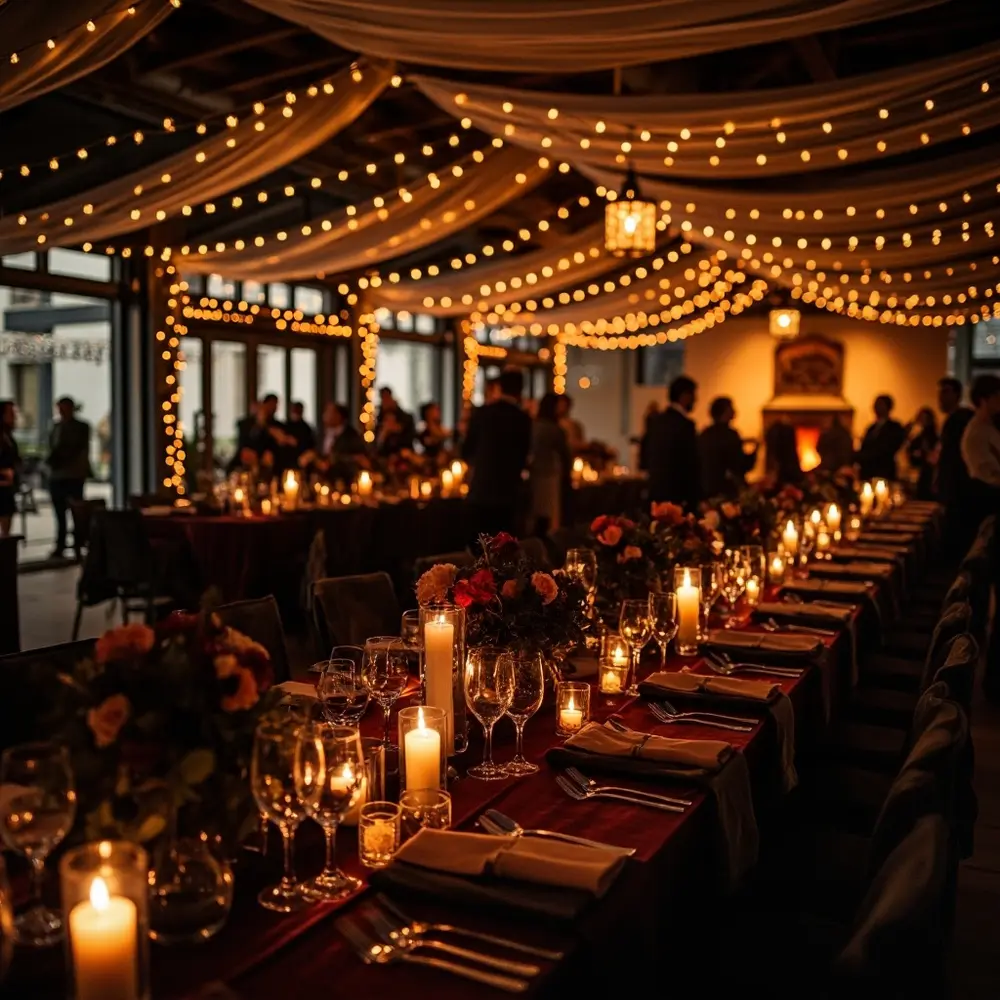 10 Enchanting Dark Fall Wedding Mood Board Ideas You Need to See 6 Cozy string warm creating glow perhaps romantic lights a bathed p soft space and candles in reception image from fireplace 6 light