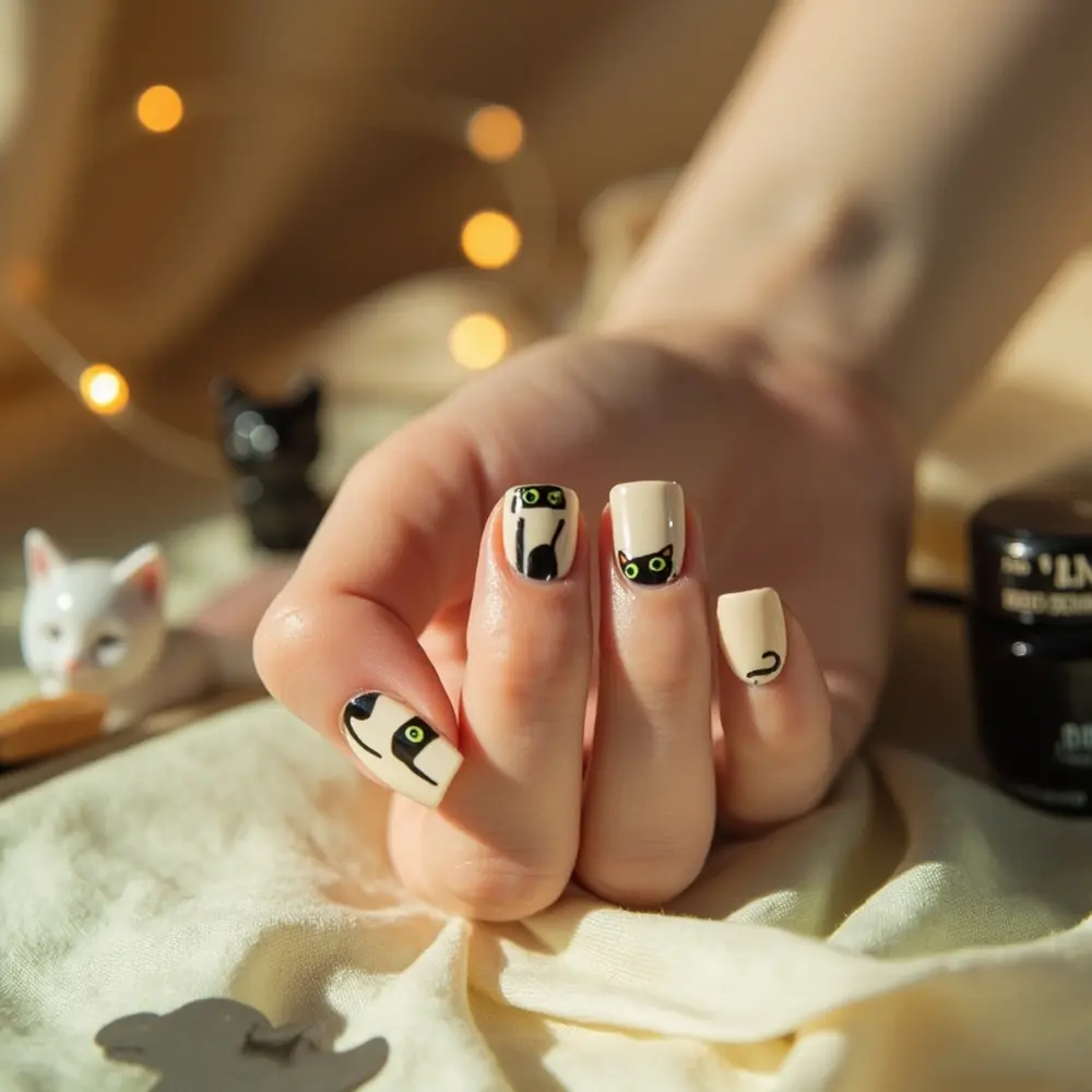 19 Insanely Cute Halloween Nail Designs Kids & Moms Will Adore (Kawaii, Pastel & Retro Fun!) 6 Cat silhouettes black 6 h2 sweet 038 simple