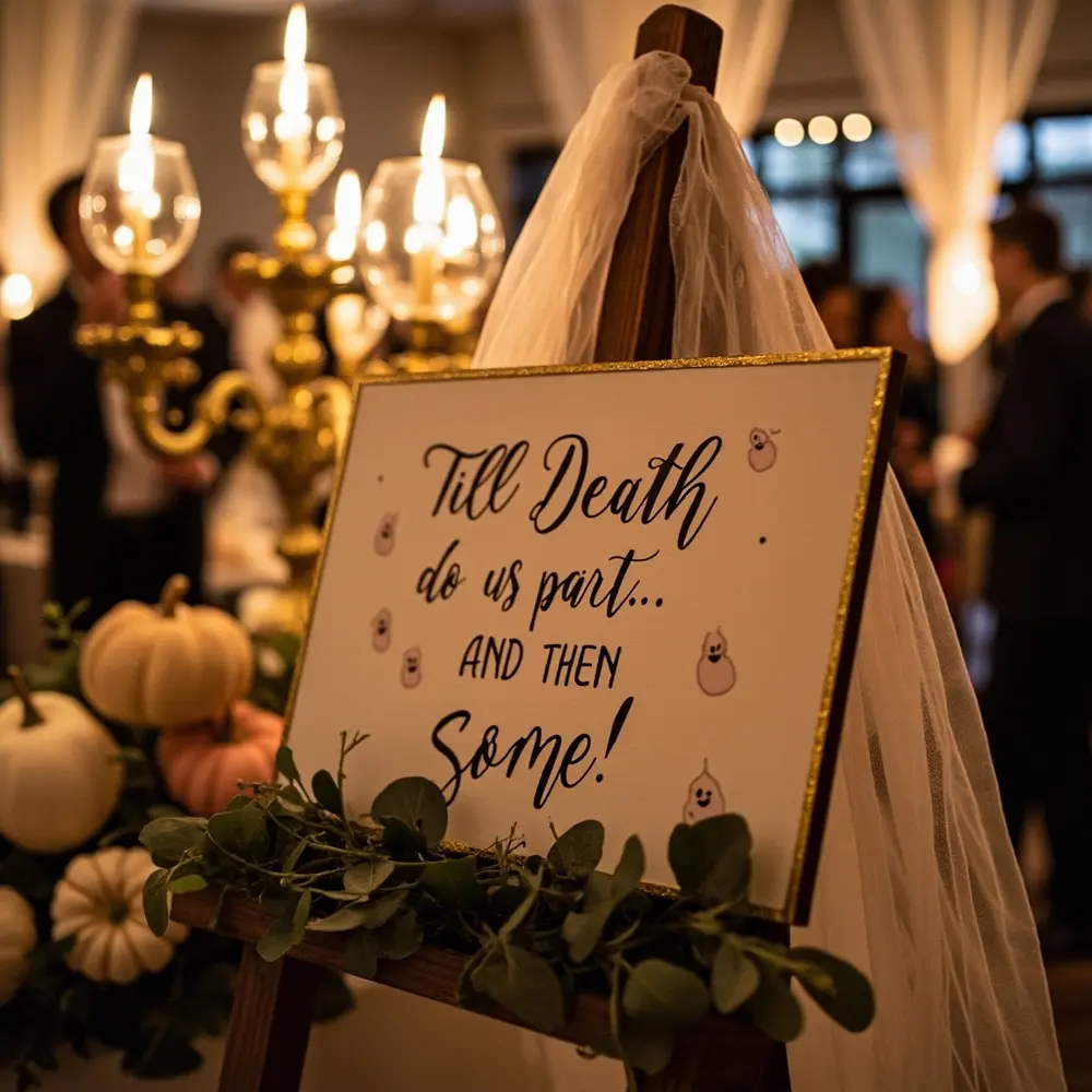 18 Cute Halloween Wedding Ideas (That Are 100% Not Scary for Kids!) 6 Placement cute a calligraphed instruction sign halloween phrase themed wooden 6 romantic beautifully p with image