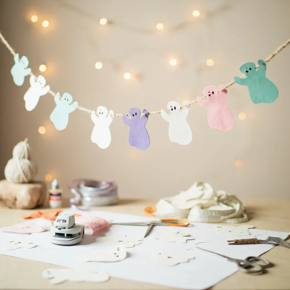 10 Sweet “A Little Boo” Birthday & Baby Shower Ideas 6 Ghost placement a against instruction up close of 6 hanging pastel garland background p soft image