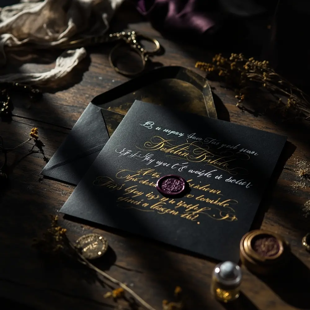 15 Boho Halloween Wedding Ideas for a Free-Spirited Spooky Vibe 6 Invitations h2 6 wax seal 038 gothic calligraphy
