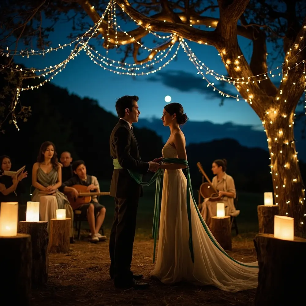 Plan Your Whimsical Witch Wedding: Enchanting Ideas for a Magical Celebration 6 Dusk handfasting perhaps with a lighting background participating p soft the outdoors and in at image ceremony couple musician 6