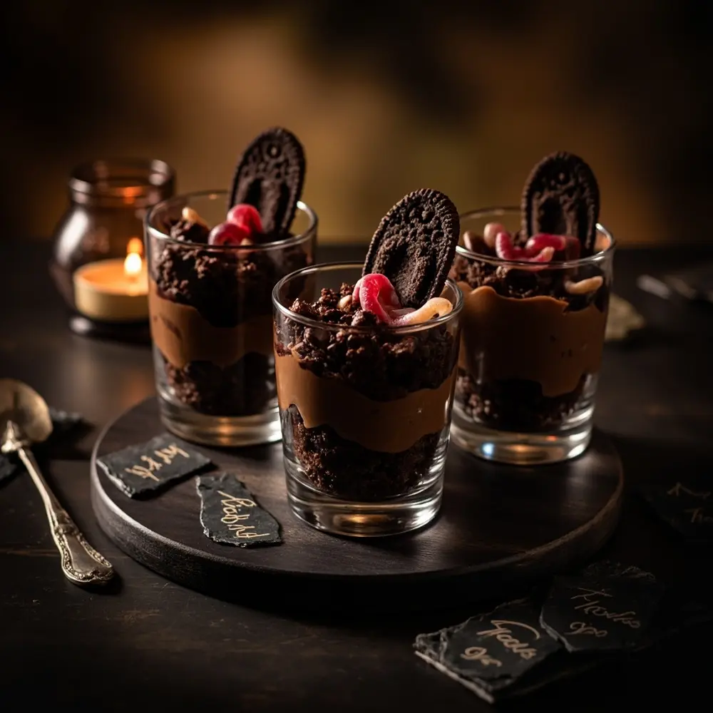 15 Elegant Spooky Dessert Bar Ideas for a Frightfully Sweet Wedding 6 Dirt 8221 8220 h2 6 parfaits elevated graveyard
