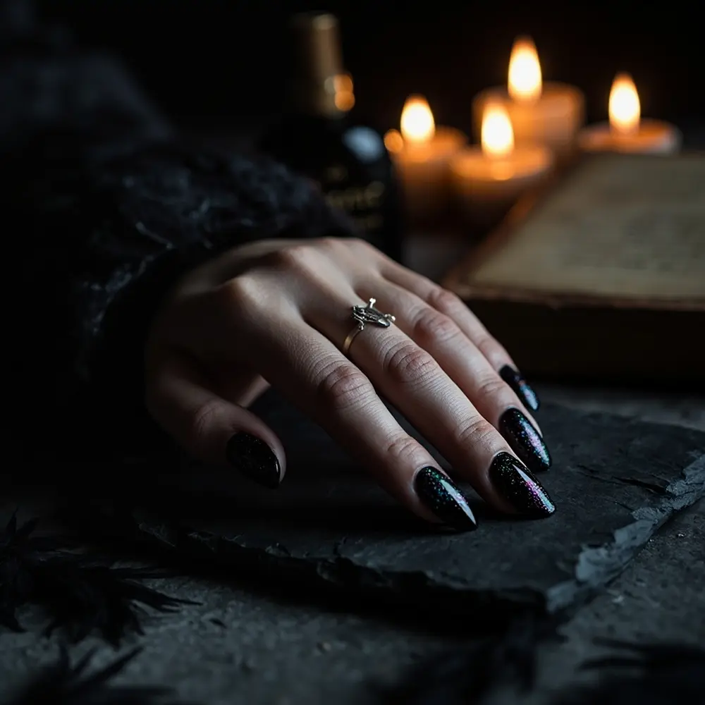 18 Genuinely Spooky & Scary Halloween Nail Ideas for 2025 6 That instruction black effect base perhaps with mimics matte look feathers a glossy of feather p subtle featuring the single deep textured image outline placement 6 raven nails