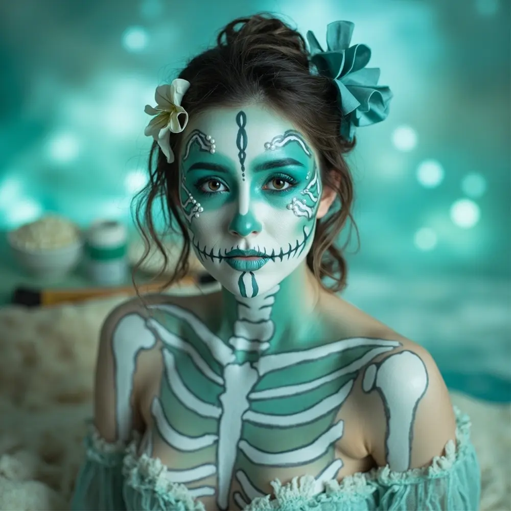 12 Sweet & Spooky Pastel Skeleton & Sugar Skull Makeup Ideas 6 Patterns wave instruction perhaps with like a model aqua skeleton teal p or subtle and an details image placement makeup 6 pearl