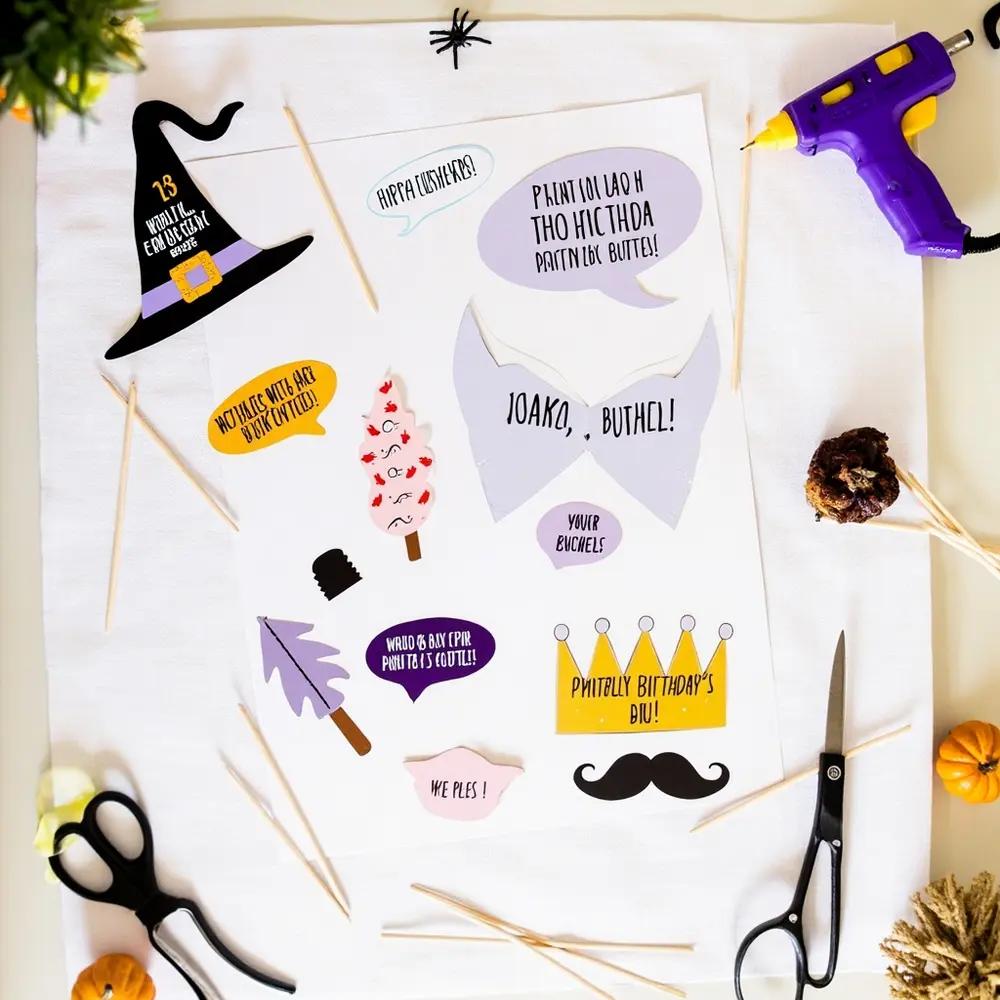 Create a Spooktacular DIY Halloween Birthday Photo Booth Corner: Easy Backdrops & Printable Props 6 Various flat lay birthday variety designs on a showcasing of p the before image props halloween cardstock cutting 6 printed