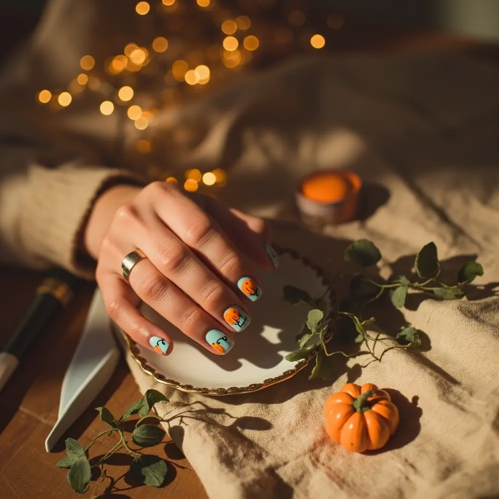 17 Girly Halloween Nail Designs That Are More Sweet Than Spooky 6 Placement cute blue and instruction tiny with pumpkins 6 pastel vines p small green orange nails image