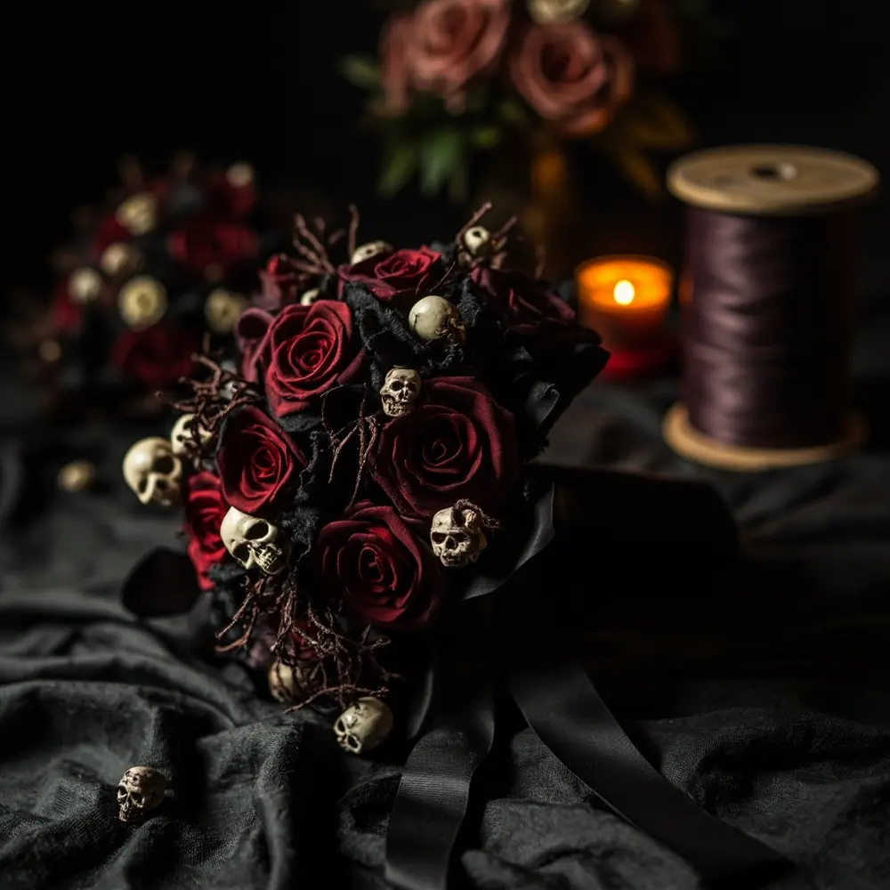 15 Jaw-Dropping DIY Halloween Wedding Ideas That Won't Break the Bank 6 Rose h2 6 038 skull bouquets