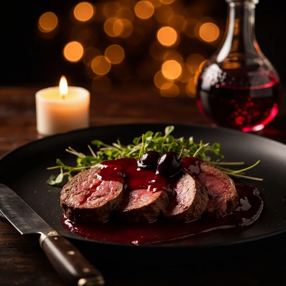 20 Spooky & Delicious Halloween Wedding Menu Ideas for Your Reception 6 Beef tenderloin on a glistening 6 sliced plate p dark wine red perhaps with image reduction