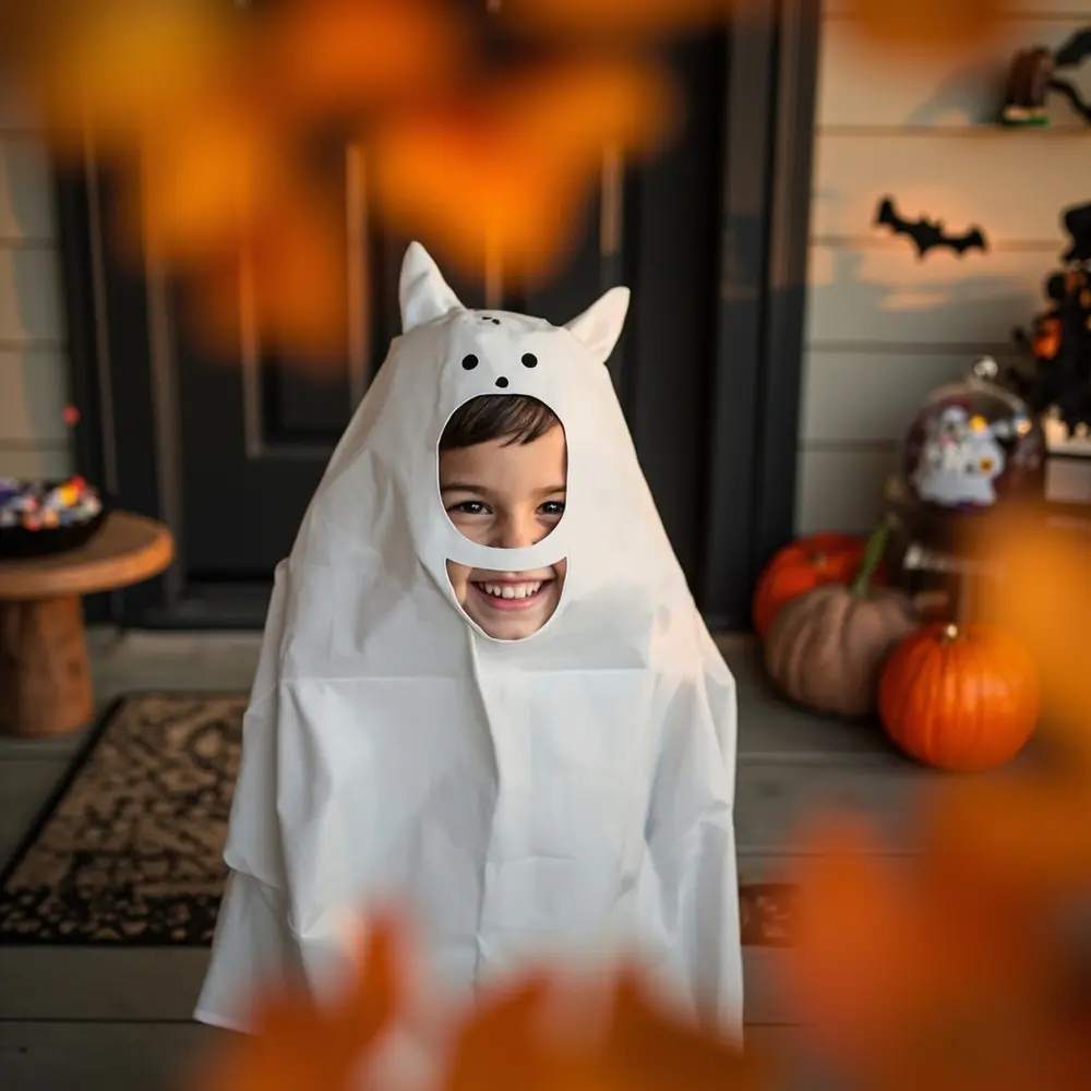 12 Spooky & Sweet Ghost Costume Ideas for Kids (Beyond the Basic Sheet!) 6 White from ghost a peeking playful toddler costume 6 decorated looking p bag out image