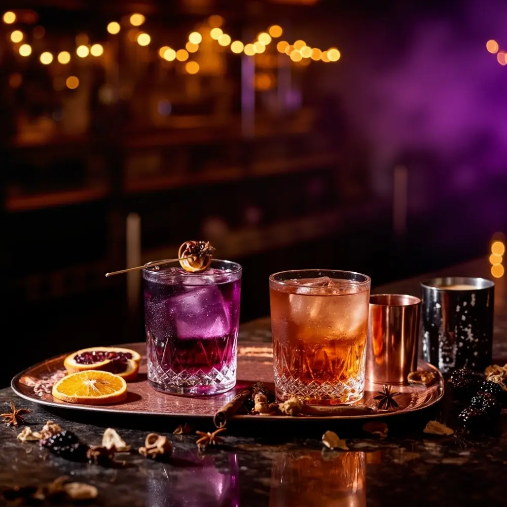 Instruction purple glasses orange with cocktails p signature and one in beautifully image placement garnishes two 6 presented sophisticated elegant