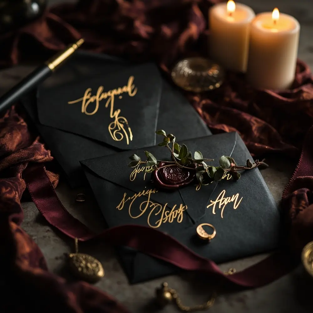 10 Enchanting Dark Fall Wedding Mood Board Ideas You Need to See 7 Flat invitations lettering dried lay foil dark perhaps a of p wedding featuring sprig foliage gold and seal image cardstock wax 7