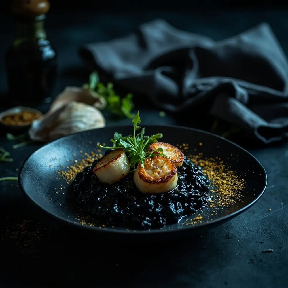 20 Spooky & Delicious Halloween Wedding Menu Ideas for Your Reception 7 Magic 8220 8221 black h2 7 ink 038 risotto with scallops squid