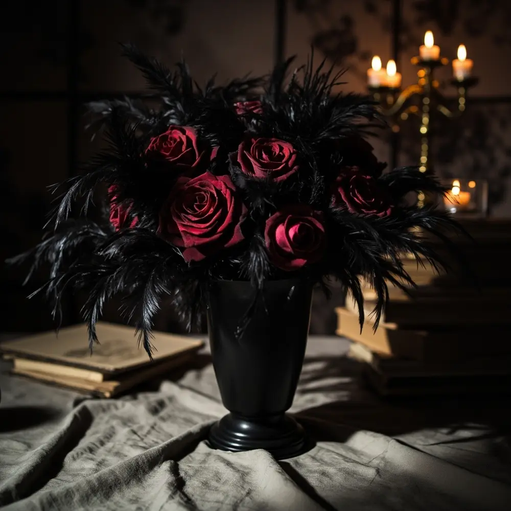 12 Easy Homemade Halloween Wedding Centerpiece Ideas That Look So Chic 7 Vase instruction black dark with bouquet feathers a of sleek p or deep in interspersed image faux placement roses long 7 red raven