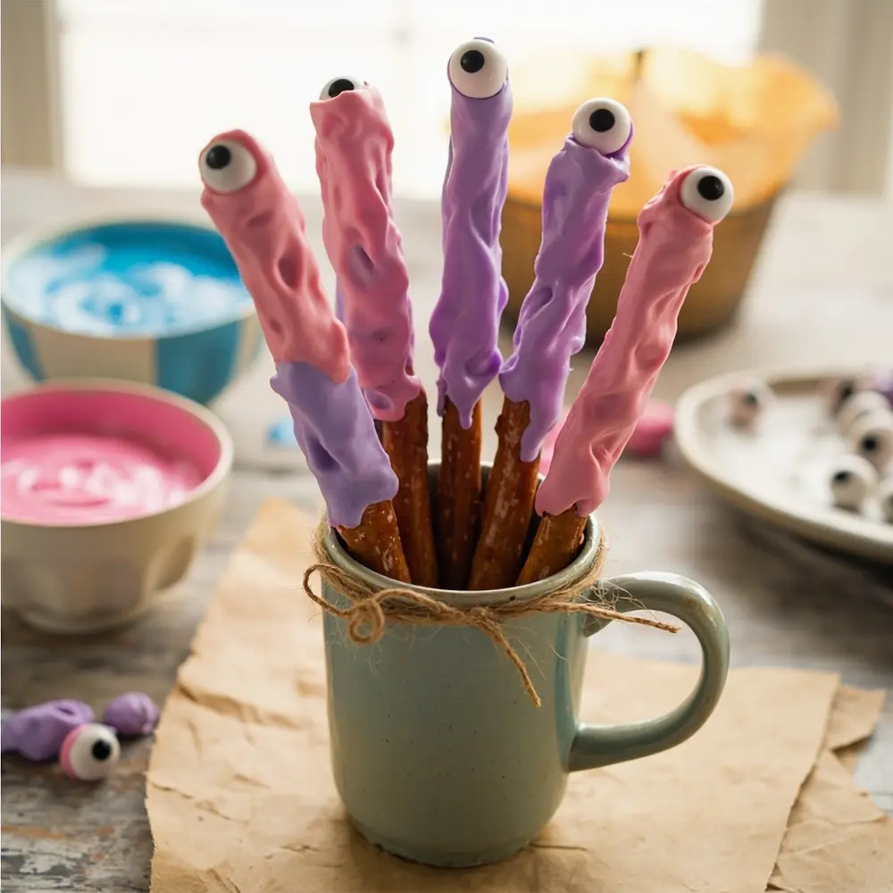 15 Enchanting Pinkoween Desserts for a Pastel Halloween Party 7 Melted instruction with a of each stuck p single pretzel dipped the some in candy image rods placement pink coating 7 to bundle lavender eyeball